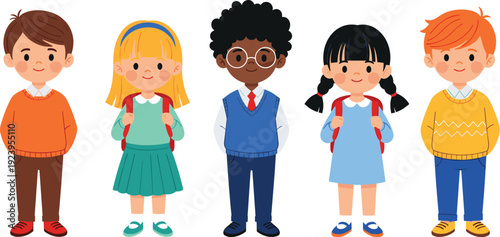 Cute diverse school children with backpacks, multicultural elementary students cartoon characters vector illustration collection