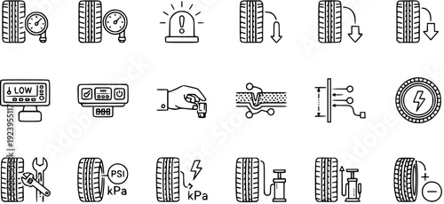 Car Tire Service, Pressure, Repair, and Safety Icons Set