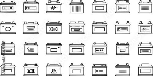 Car Battery Icons Set: Outline Symbols for Automotive Accumulators and Power Supply