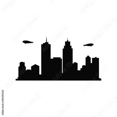 Silhouette of a city skyline with skyscrapers and airships in the sky