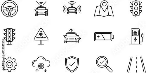 Autonomous Driving Technology and Vehicle Icons Set