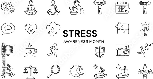 Stress Awareness Month Vector Line Icons Set for Mental Health, Wellness  Lifestyle