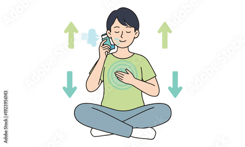 Person using asthma inhaler for respiratory relief, arrows indicate breathing