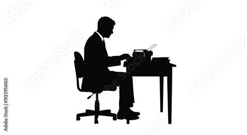 Man diligently working at a desk with a vintage typewriter silhouette