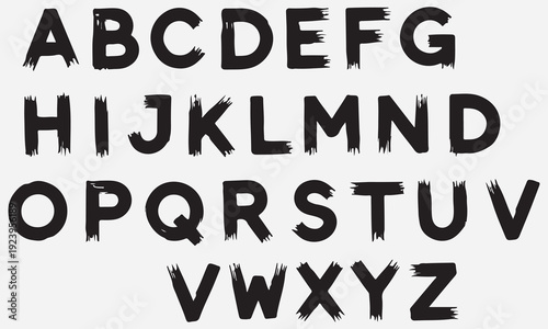 Black distressed brush stroke alphabet letters A B C D E F G H I J K L M N O P Q R S T U V W X Y Z on light gray background
