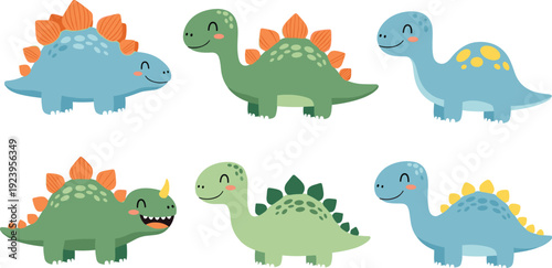 Cute cartoon dinosaur characters set with smiling prehistoric animals, colorful baby dino collection for kids vector illustration