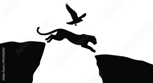 Leaping panther and soaring eagle against a rocky landscape silhouette