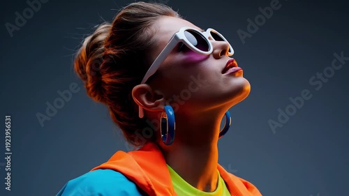 Stylish young woman wearing retro white sunglasses looks upward under dramatic studio lighting
