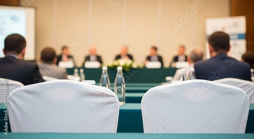A group of business professionals sitting in a conference room with a panel of speakers in the background