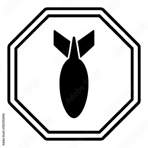 Octagonal Missile Hazard Warning Sign - Aerial Bomb Silhouette Safety Icon - Industrial Explosive Caution Graphic - Minimalist Black and White Vector Illustration