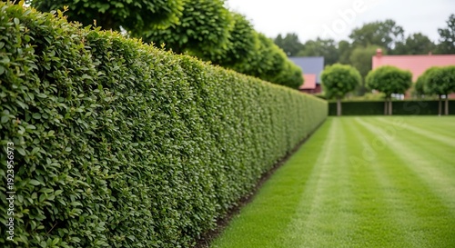 Well manicured green hedge and lawn with striped grass and trees in background landscape