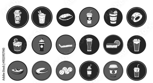 Diverse Fast Food and Drink Icons Collection including Coffee, Donut, Milkshake, and Beer on Bright Studio Background