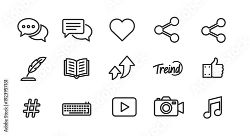 Set of social media interaction and content sharing icons in line style on isolated white background