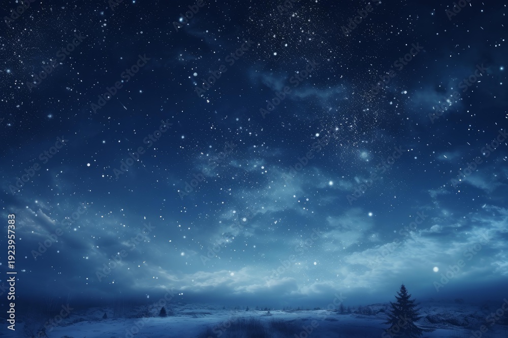Fototapeta premium Dark blue winter night sky with countless twinkling stars over a snow covered landscape