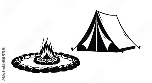 Camping scene with a tent and campfire stark black silhouette