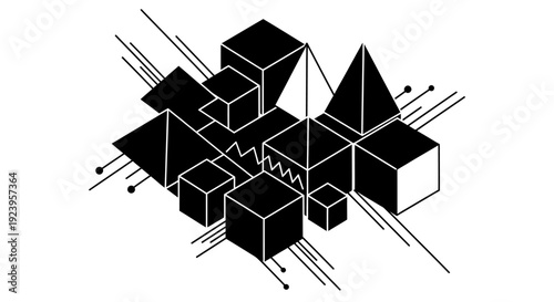 Abstract geometric composition of interconnected black cubes and lines, representing technology and data structure, on isolated white background.