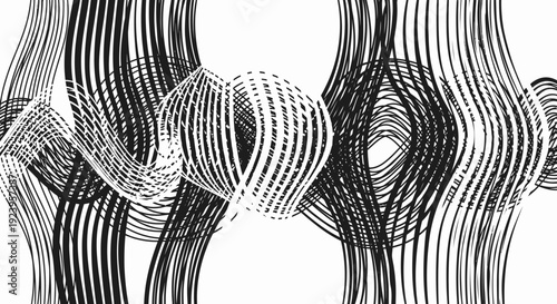 Abstract black and white pattern of undulating lines creating a dynamic wave effect in a bright studio.