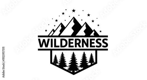 Outdoor adventure logo featuring the word "WILDERNESS" above mountains, pine trees, and stars, on an isolated white background.