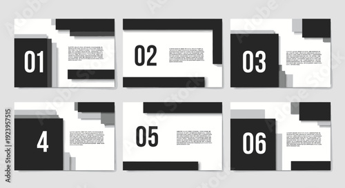 Modern infographic template with six numbered black and white boxes (01-06) and text placeholders, ideal for presentations or data visualization on a light gray background.