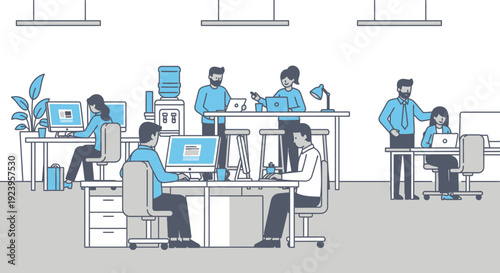 Group of diverse business people actively working and collaborating in a modern open-plan office environment in a bright studio setting.