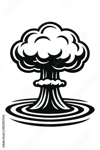 Atomic Explosion Mushroom Cloud Vector Illustration - Retro Nuclear Blast Smoke Cloud Icon - Symbol of Massive Impact, Power, Destruction, and Finality - Minimalist Black and White Art