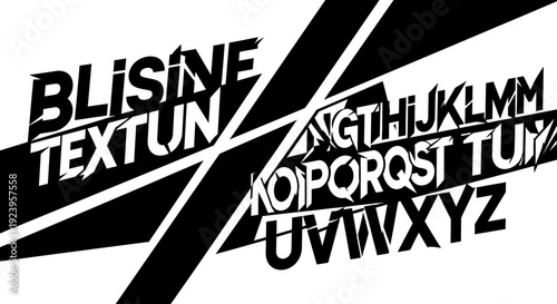 Abstract geometric typography design featuring partial words "BLISINE TEXTUN" and alphabet characters in a dynamic, modern style on an isolated white background.