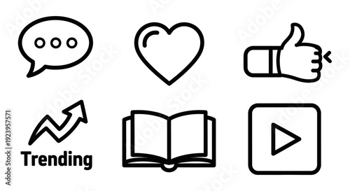 Set of six black outline icons representing social media, communication, content creation, and engagement on an isolated white background.