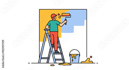 Man Painting Wall with Roller.