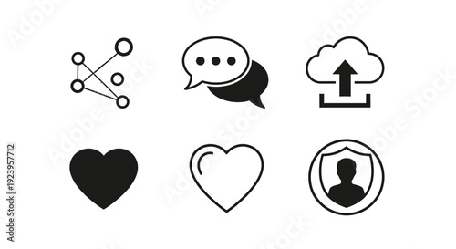 Set of social media and internet activity icons with network, chat, cloud upload, heart likes, and profile security on isolated white background.