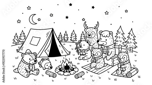 Cute Bears Camping Family Outdoors.