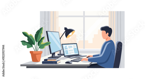 Man Working Remotely at Modern Home Office Desk with Laptop and Monitor - Flat Vector Illustration