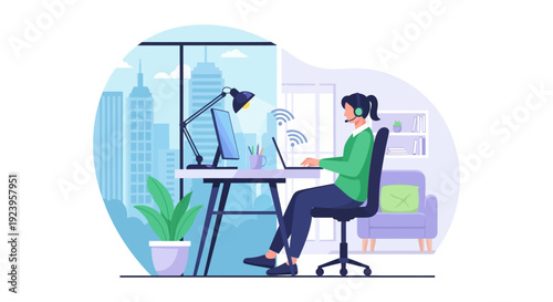 Female Professional Working Remotely from Home Office. Connected with Headset and Laptop, Urban City View Background. Vector Illustration.