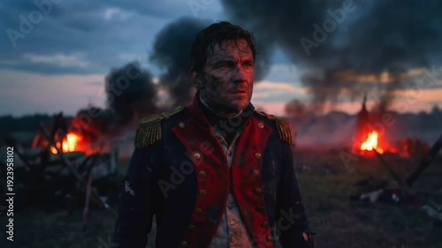 Wounded historical soldier in a dirty uniform stands in shock on a dark smoky battlefield with burning fires under an evening sky exploring themes of war trauma and military conflict