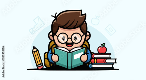 Young Girl Reading Book with Pencil.