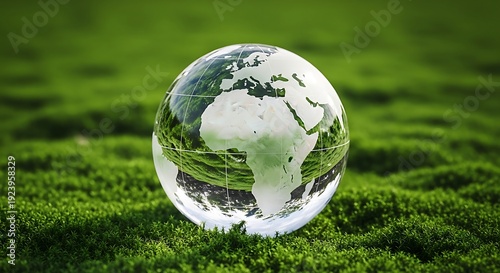 Glass globe on green grass representing eco friendly earth concept with clear transparent sphere