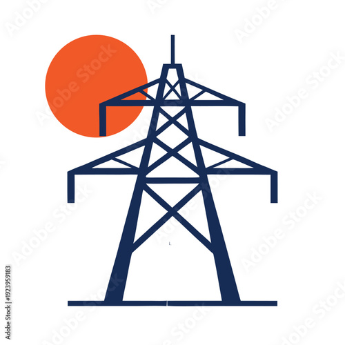 Blue electric power transmission tower with orange sun in background electric tower