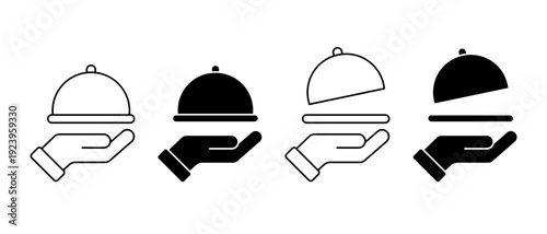 Hand Holding Serving Tray Vector Icon Set. Waiter Restaurant Service Symbols