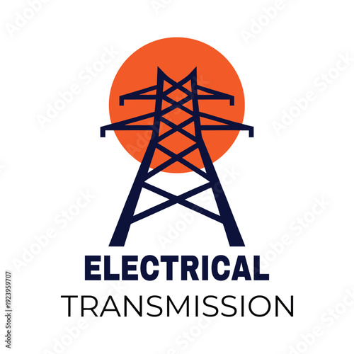 Blue electrical transmission tower with orange circle background and text power energy