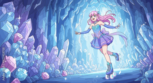Anime girl with pink hair roller skating in a vibrant crystal cave.