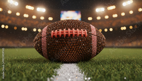 Brown glitter american football ball on grass field in stadium lights illustrating super bowl party, halftime show, sports championship celebration and nightlife entertainment concepts