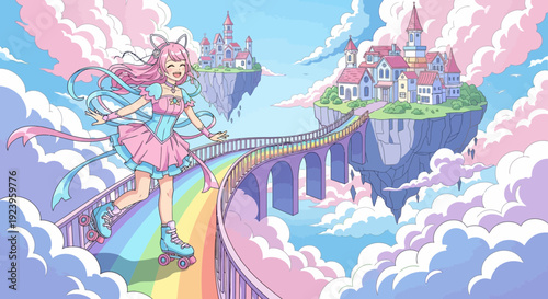 Anime girl with pink hair roller skating on a rainbow bridge.