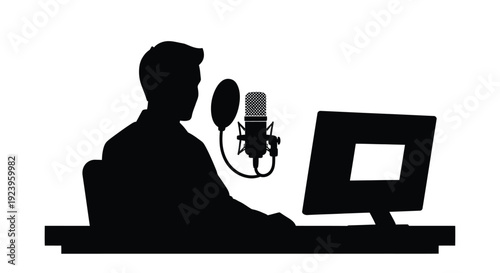 Man Recording Podcast at Desk Silhouette Illustration