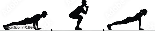 Push Up and Squat Exercise Sequence Silhouette Illustration