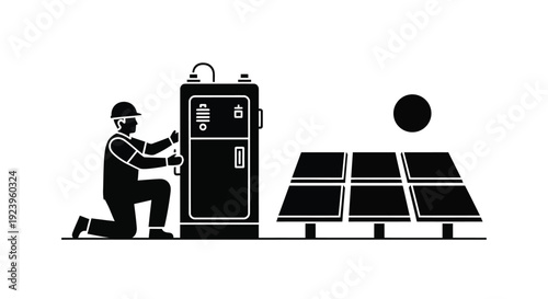 Technician Inspecting Solar Battery System Silhouette Illustration