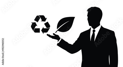 Businessman Holding Recycling and Leaf Icon Silhouette Illustration