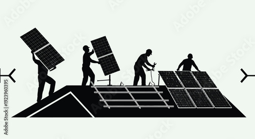 Workers Installing Solar Panels Silhouette Illustration