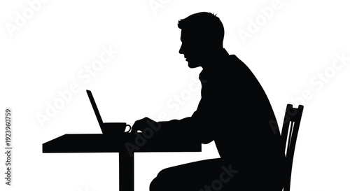 Man Working on Laptop at Table Silhouette Illustration