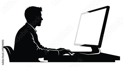 Man Working at Desktop Computer Silhouette Illustration