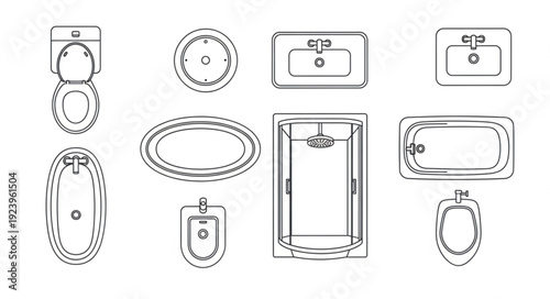 Bathroom fixtures collection - toilet, sink, shower, and bathtub designs in various shapes and sizes.