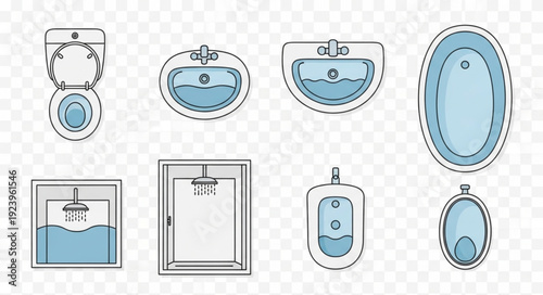 Collection of bathroom fixtures and elements in a clean, minimalist style, perfect for design.